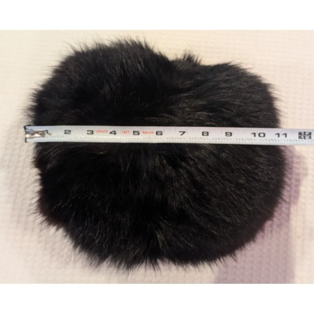 Vintage Black Faux Fur Hand Warmer Muff – Wrist Leash, Satin Lining, Pocket – 11